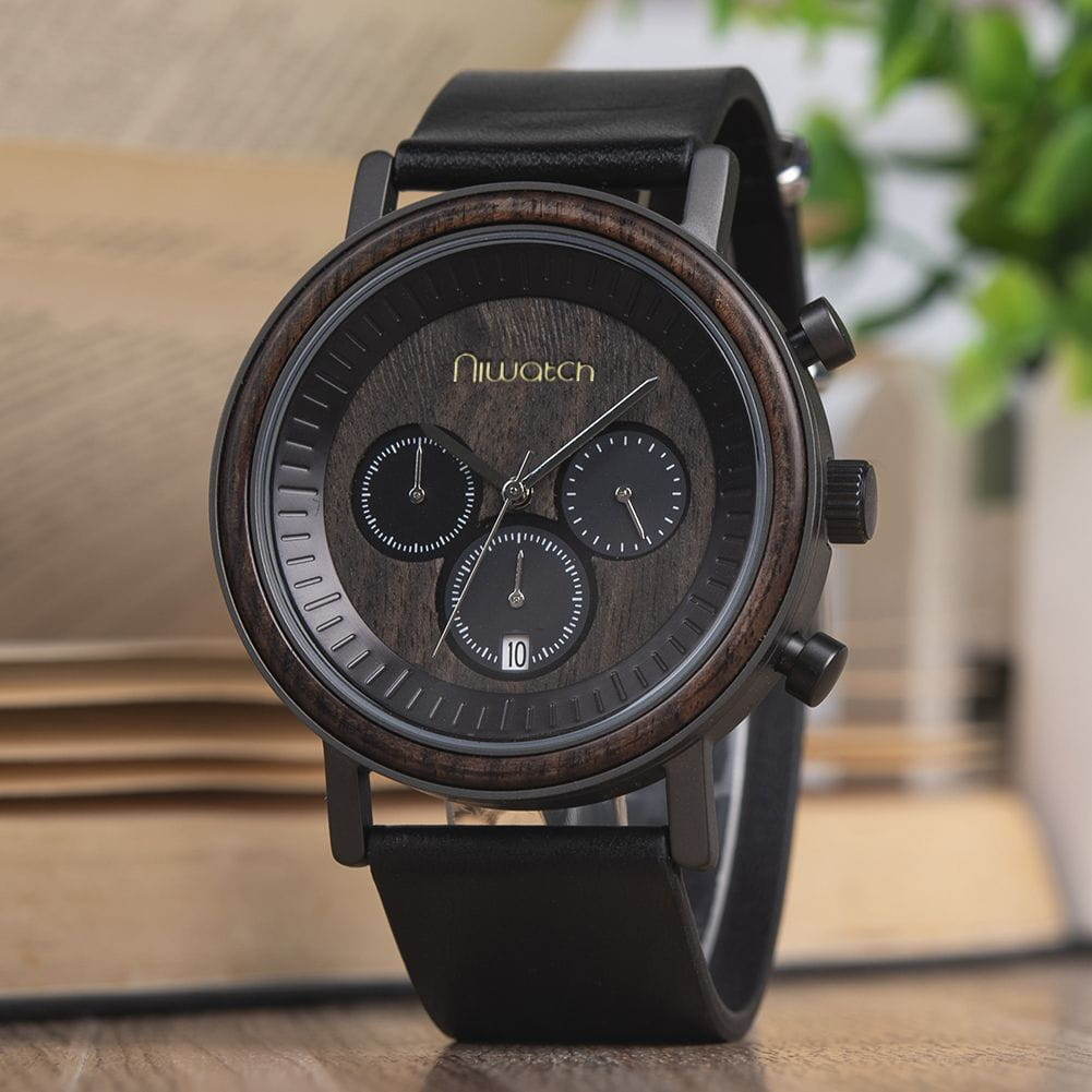meski zegarek drewniany z chronografem chacate preto dla niego prezent